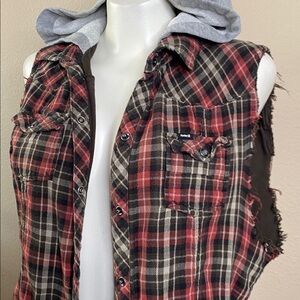 HURLEY skate surf cotton plaid flannel sleeveless hoody top vest L🏄‍♂️🌊🛹